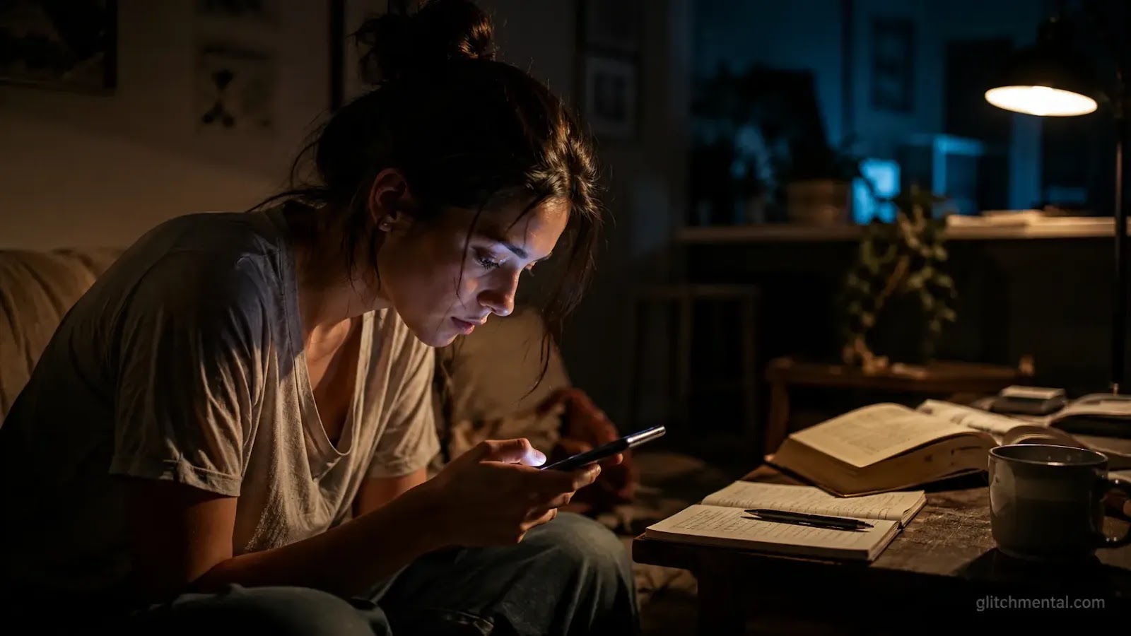 Dispositivos y comportamiento: mujer con postura adaptada al móvil, libro abandonado y taza fría en mesa junto a ella