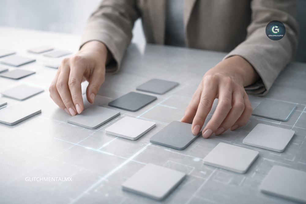 Estrategia IA: manos reorganizan fichas modulares sobre superficie con circuitos digitales
