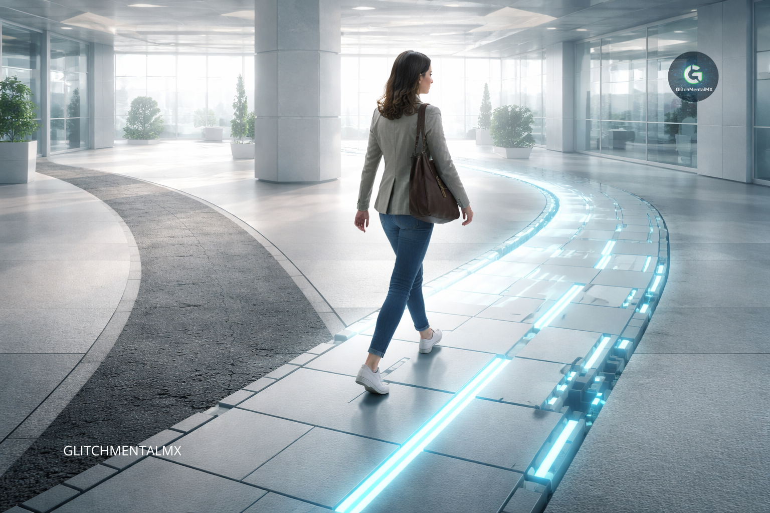 Transición digital IA: mujer camina de pavimento roto a camino tecnológico con luz azul