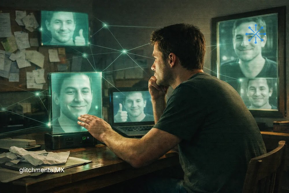 IA te está manipulando: hombre observando pantallas con rostros que aprueban en red digital