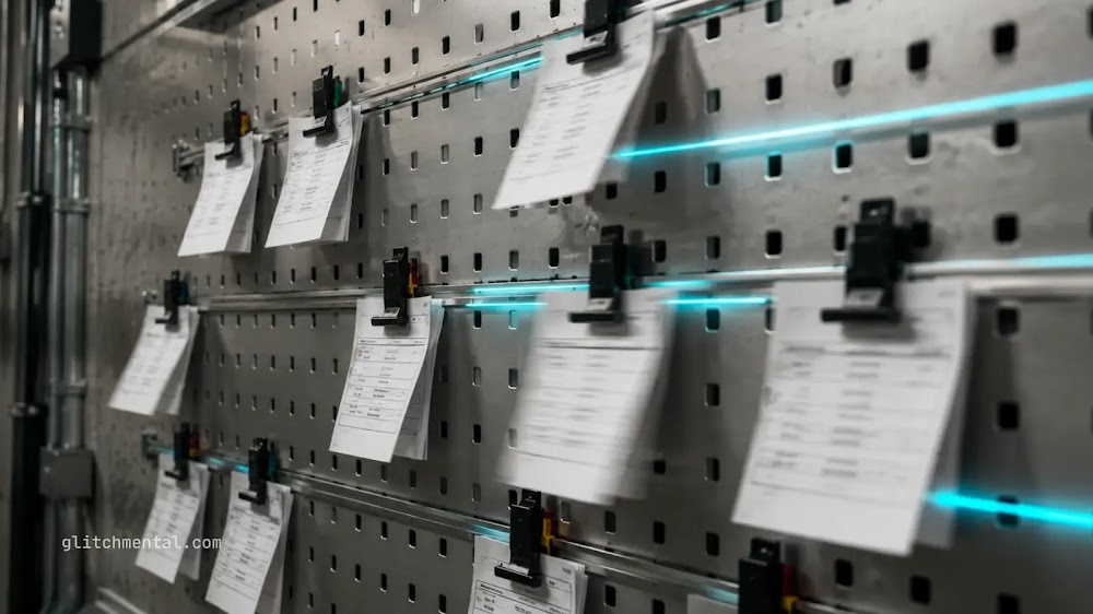 Cómo usar agentes de IA en 2026: órdenes sujetas en panel industrial conectadas por líneas digitales