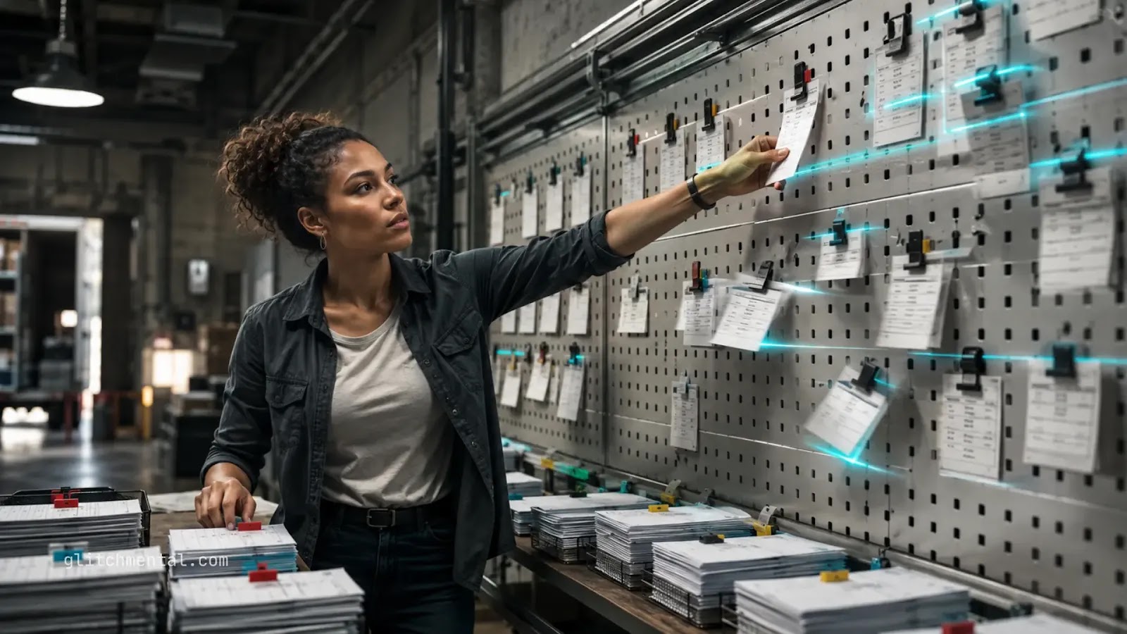 Cómo usar agentes de IA en 2026: mujer organizando órdenes en panel industrial con flujos digitales