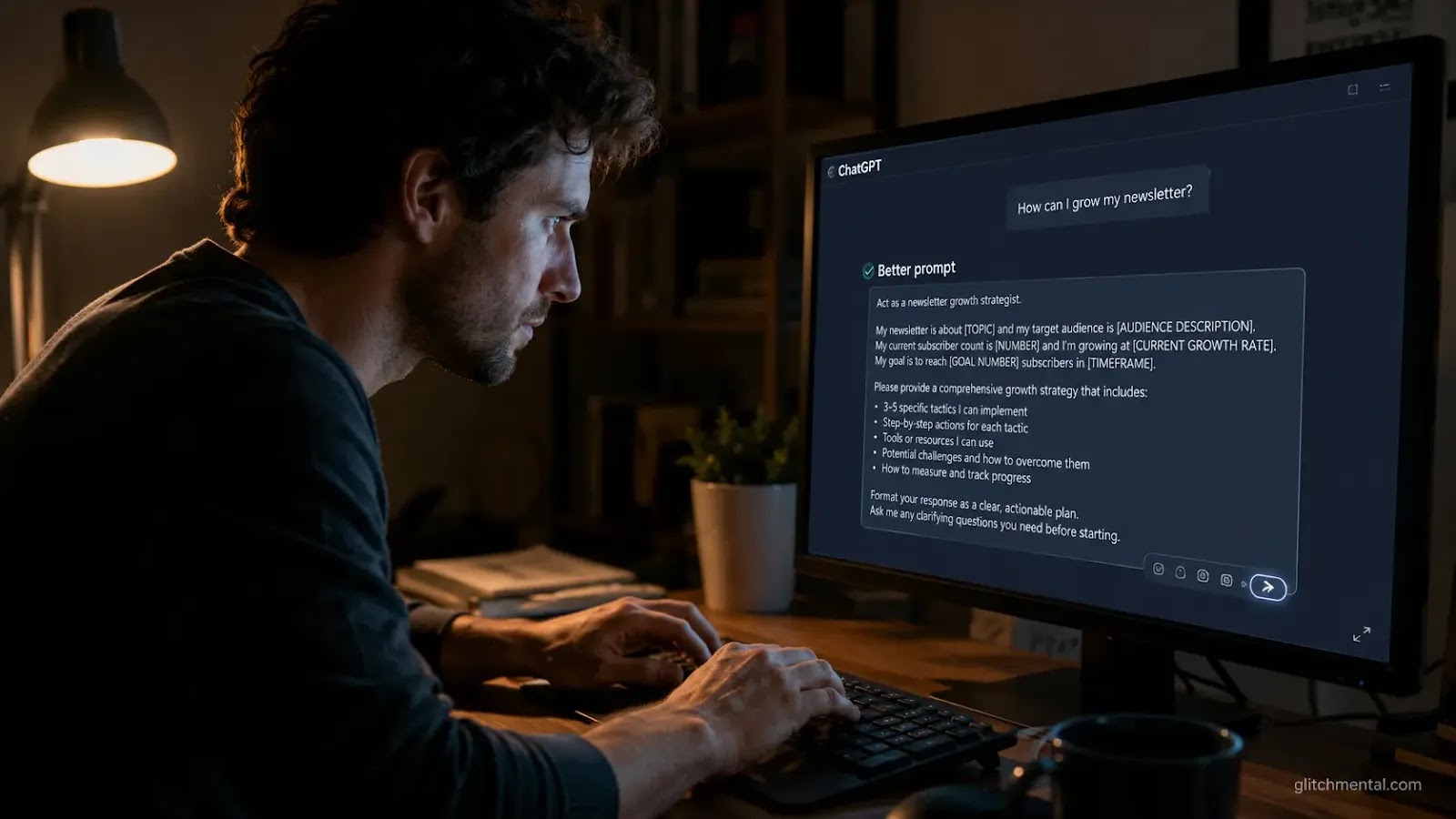 Prompts ChatGPT: hombre escribiendo instrucción larga en interfaz de chat, monitor activo, postura concentrada al frente