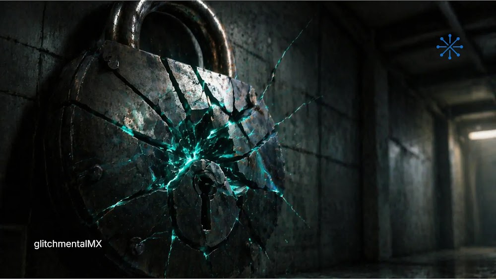 Computación cuántica: candado metálico fracturado con luz interna, ruptura de cifrado