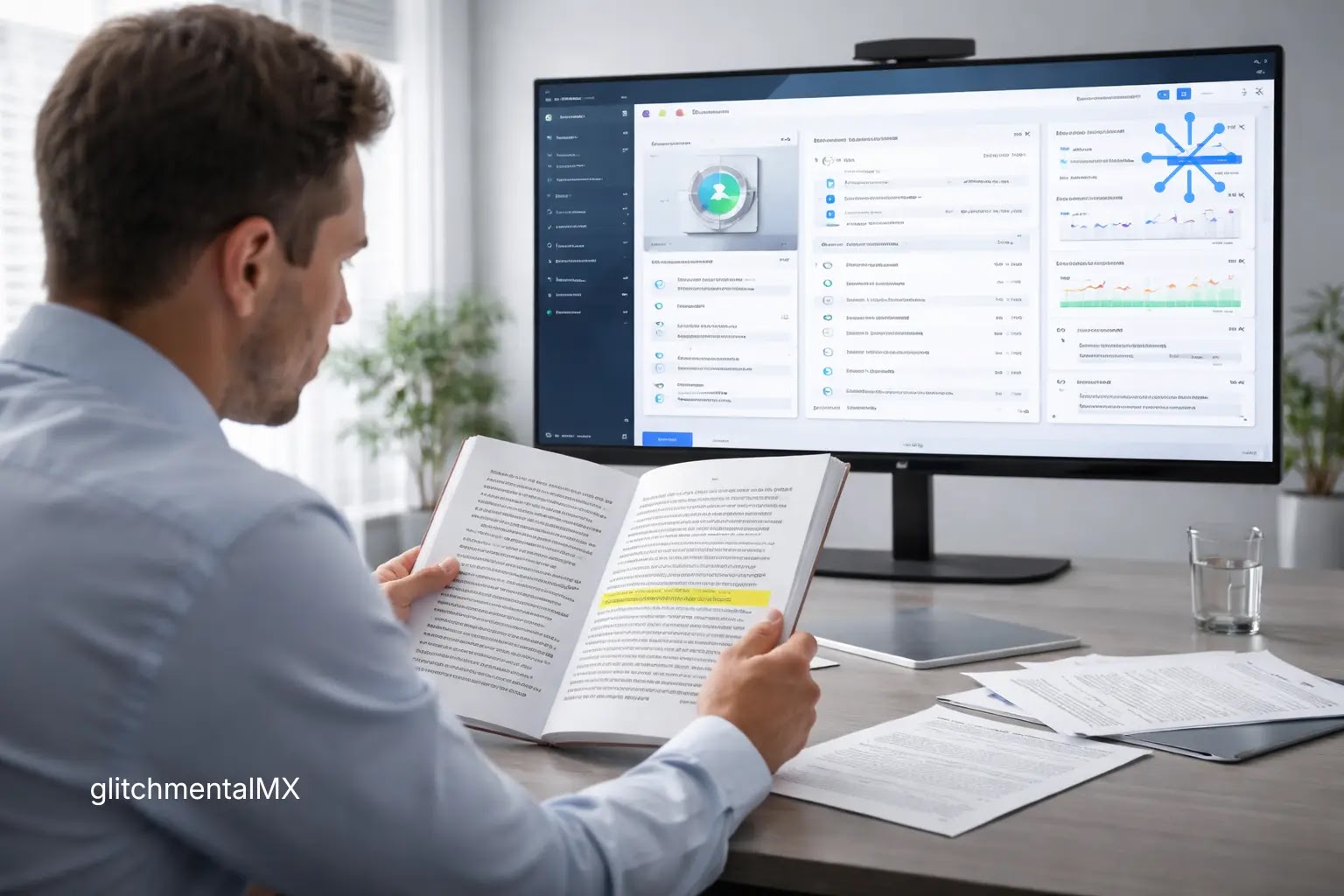Copilot es entretenimiento: persona leyendo libro frente a dashboard digital con métricas en pantalla