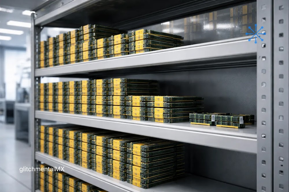 crisis RAM IA hardware: estanterías llenas de módulos de memoria RAM apilados en entorno de centro de datos