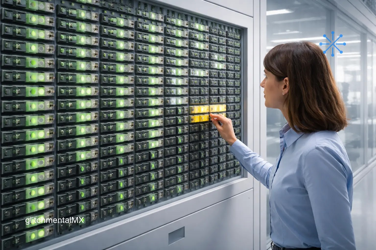 crisis RAM IA hardware: panel de módulos de memoria en rack con técnico insertando unidad en servidor