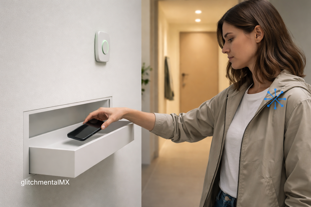 la tecnología se vuelve invisible: mujer deja smartphone en compartimento integrado en pared