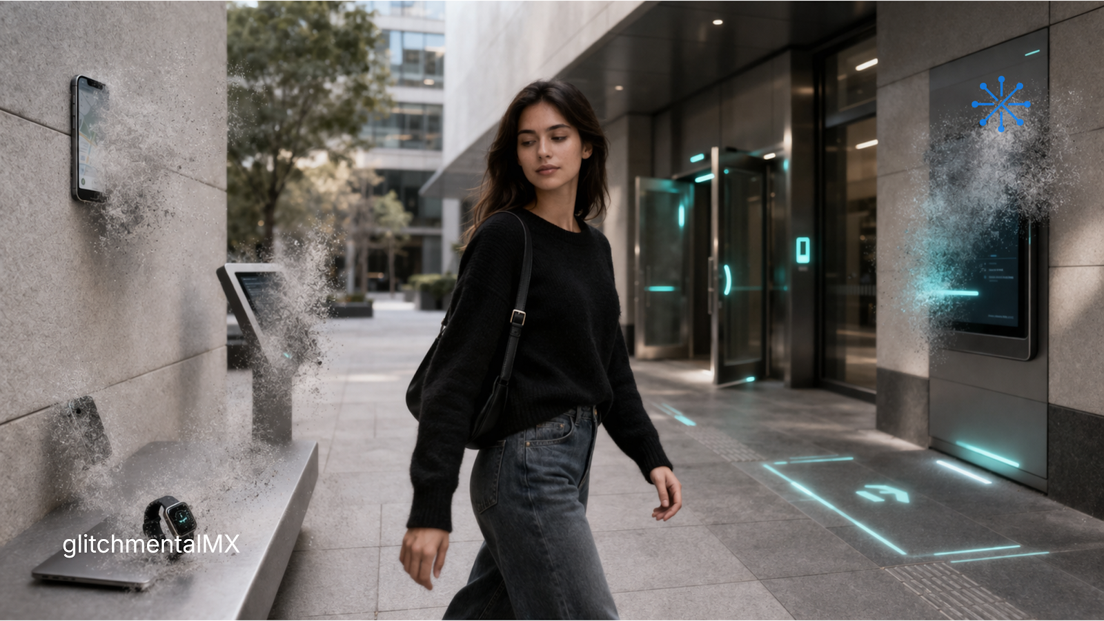la tecnología se vuelve invisible: mujer interactúa con interfaces urbanas integradas sin contacto