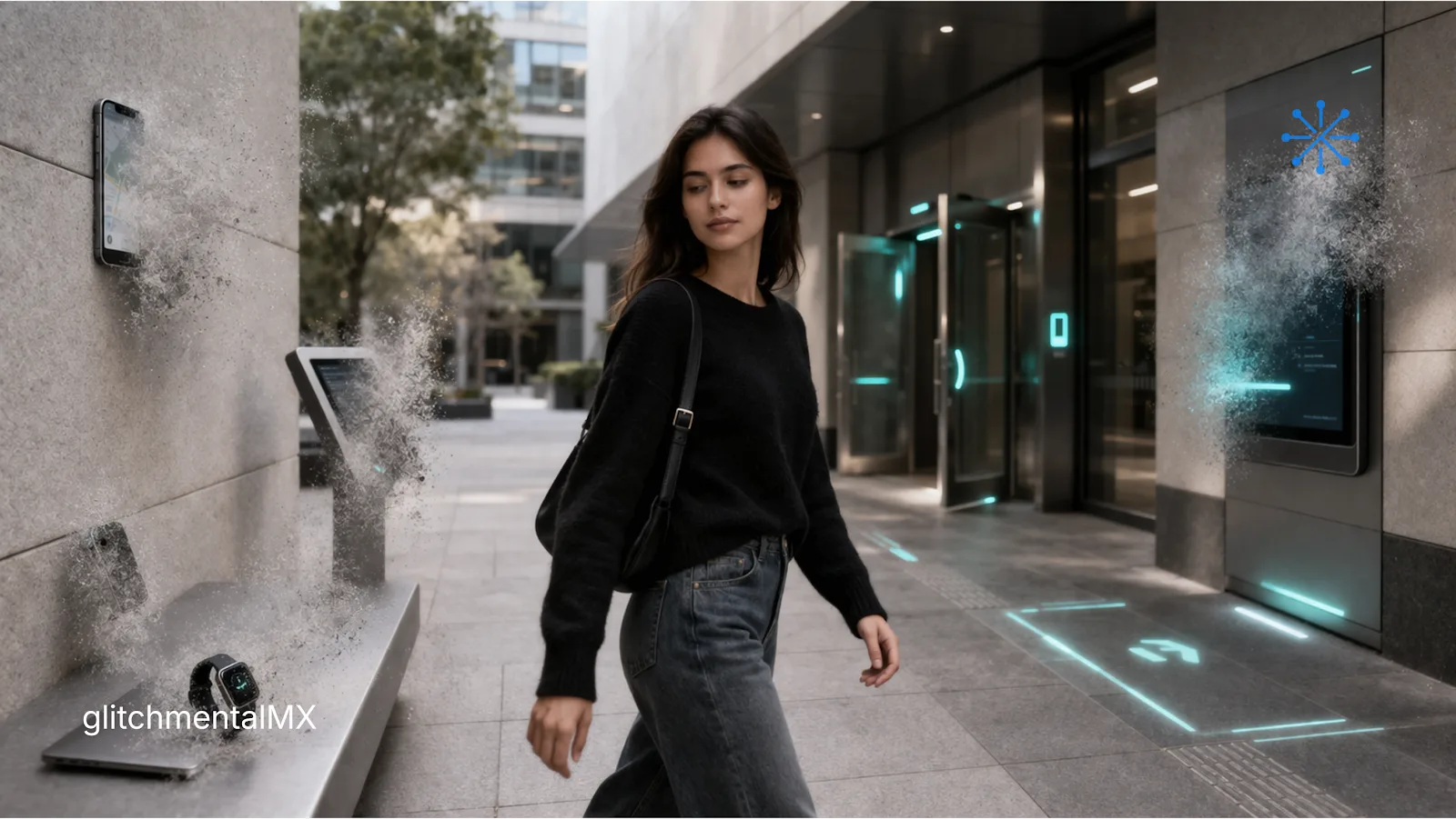 la tecnología se vuelve invisible: mujer interactúa con interfaces urbanas integradas sin contacto
