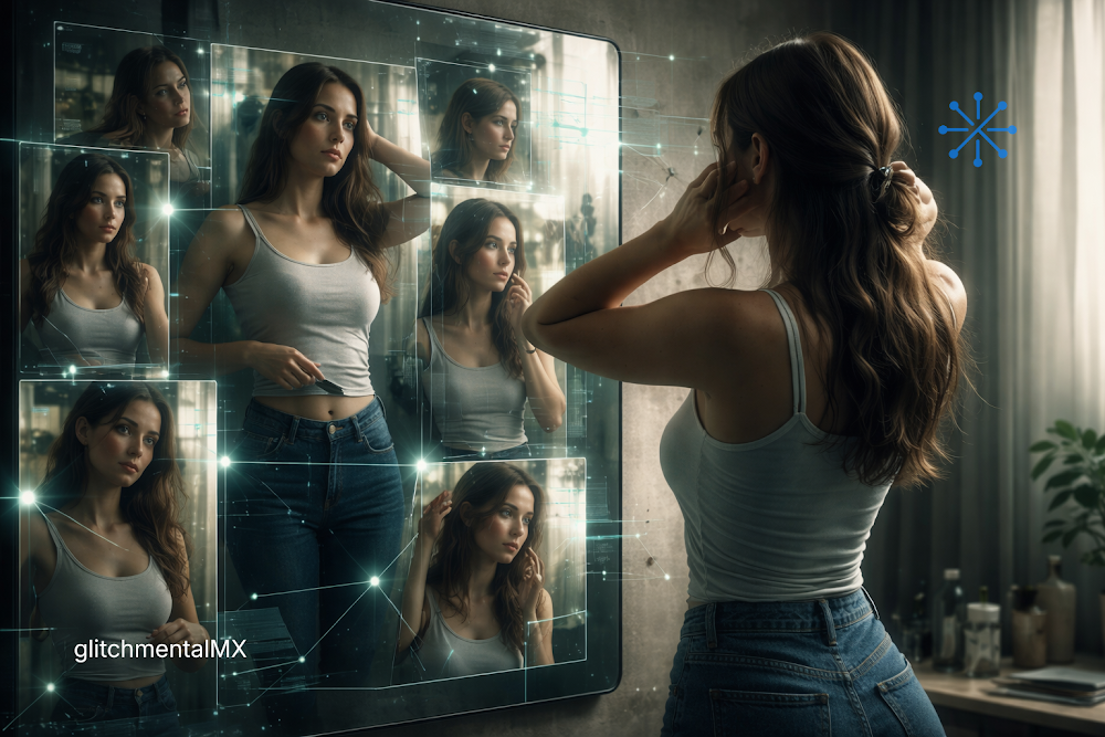 vida como contenido: mujer frente a espejo multiplicada en paneles digitales de auto representación