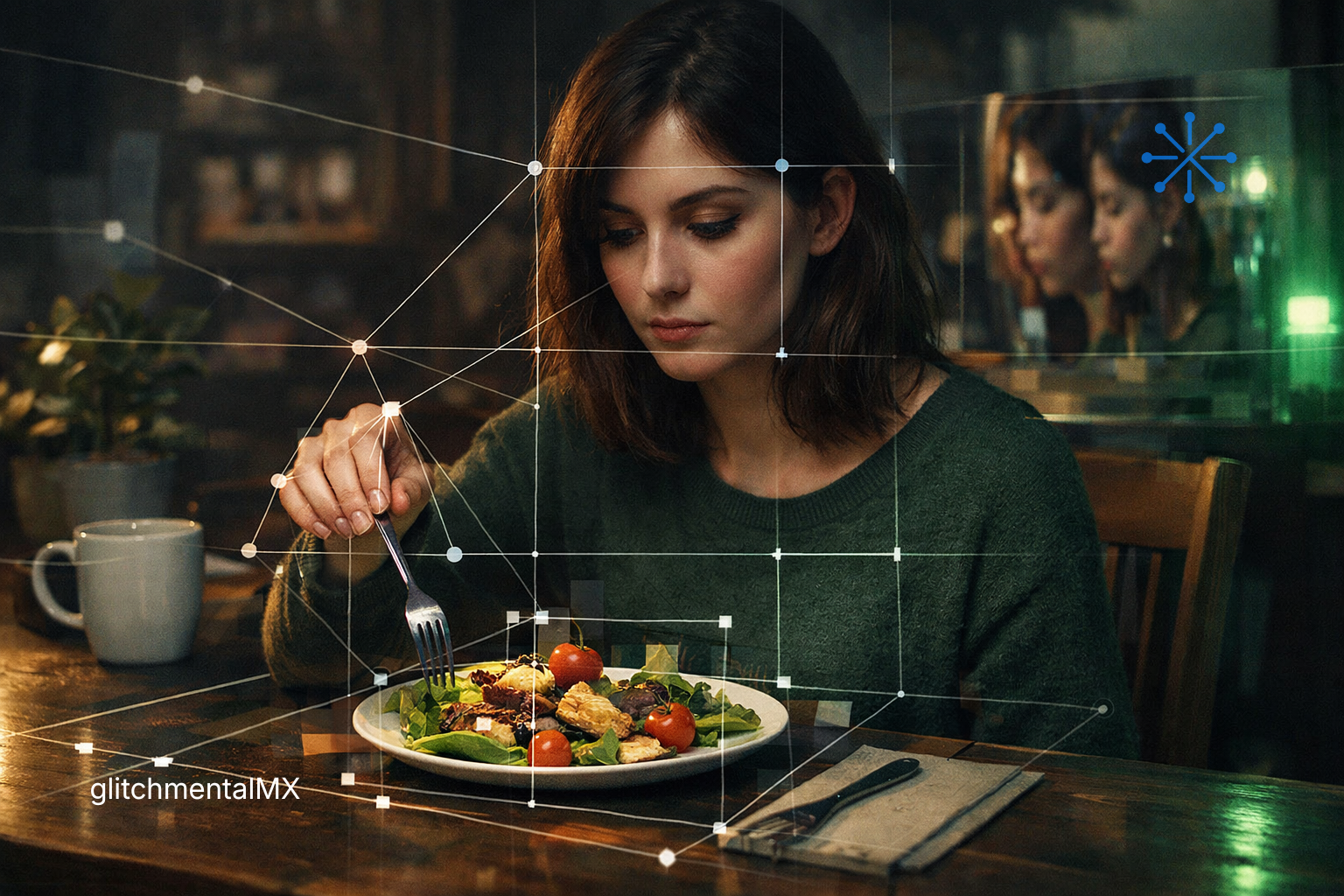 vida como contenido: mujer come mientras interfaz digital segmenta y registra la acción en tiempo real