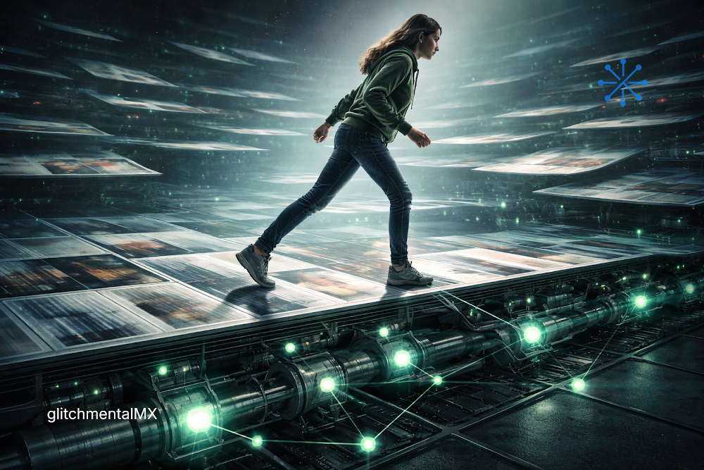 scroll infinito: mujer caminando sobre flujo interminable de pantallas digitales conectadas