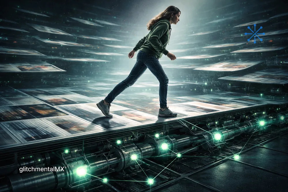 scroll infinito: mujer caminando sobre flujo interminable de pantallas digitales conectadas