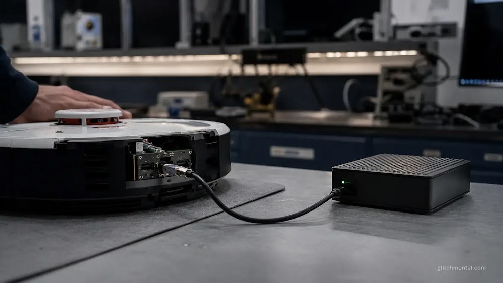 Data brokers casa inteligente: dispositivo doméstico conectado por cable a unidad externa de extracción de datos en banco técnico