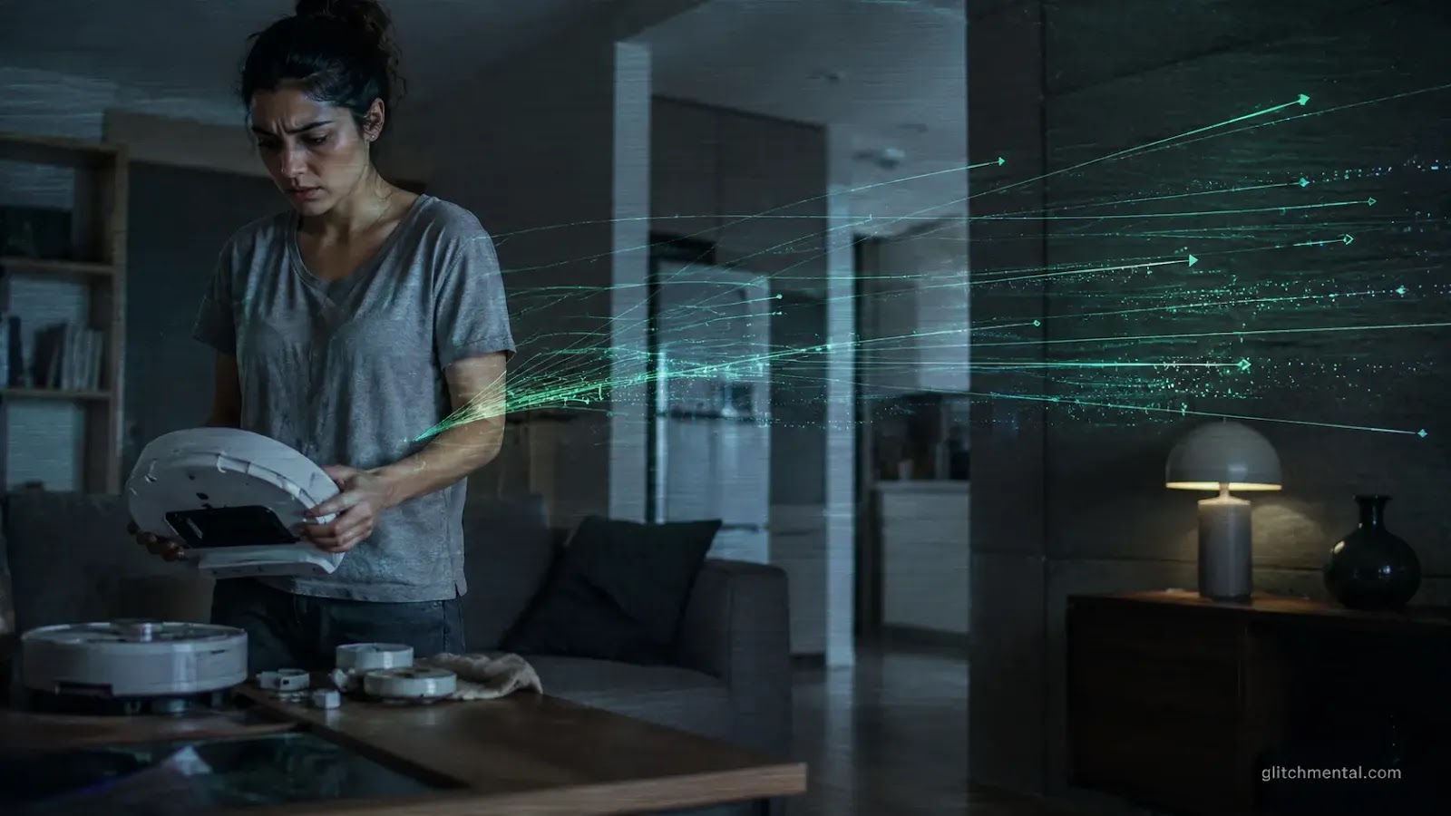 Data brokers casa inteligente: mujer revisa dispositivo doméstico mientras líneas de red escapan hacia el exterior