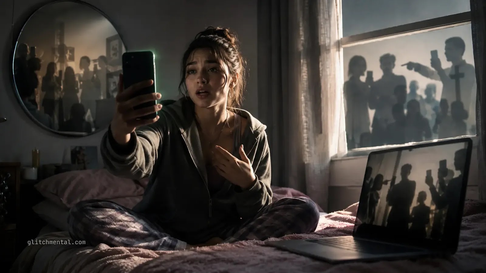 Mujer grabando un storytime en su habitación mientras siluetas de una audiencia juzgadora aparecen reflejadas en ventana, espejo y laptop.