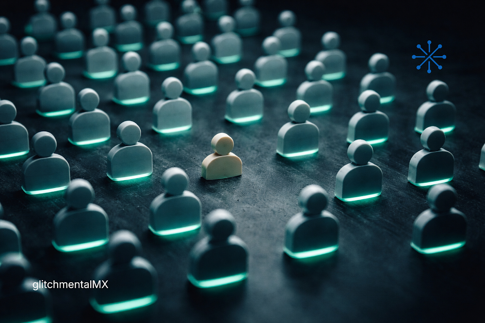 Dead Internet Theory: figura humana única entre múltiples perfiles idénticos iluminados