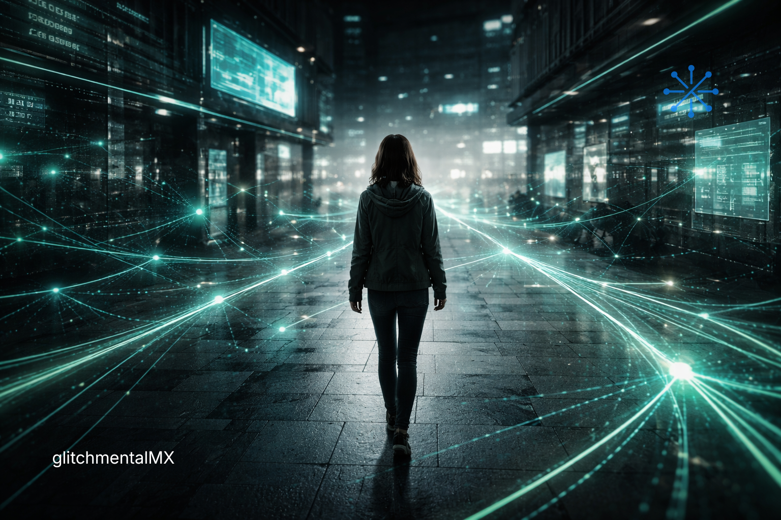 Dead Internet Theory: mujer caminando en ciudad rodeada de flujos de datos digitales