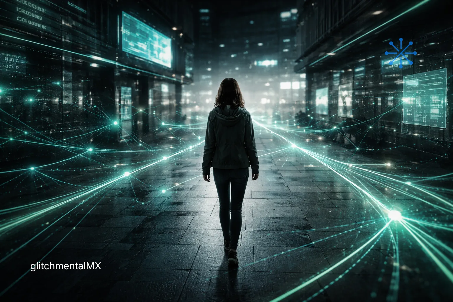 Dead Internet Theory: mujer caminando en ciudad rodeada de flujos de datos digitales