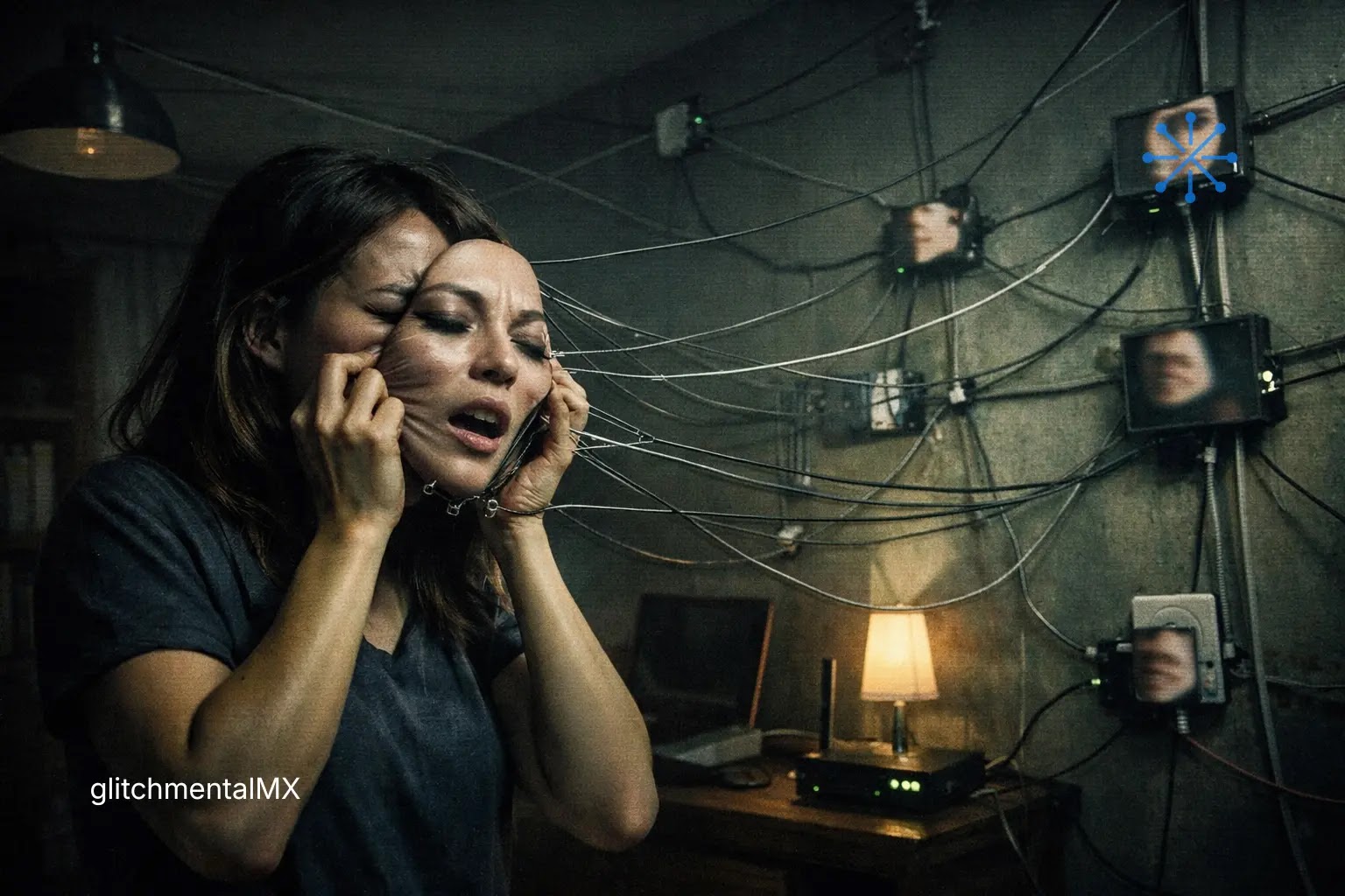 deepfakes en Telegram: mujer con rostro manipulado por cables conectados a pantallas con rostros digitales
