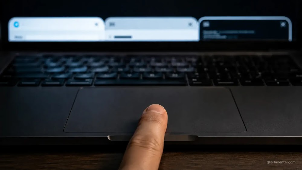 DeepSeek capas de acceso: dedo sobre trackpad de laptop con tres pestañas parciales en pantalla sobre superficie oscura