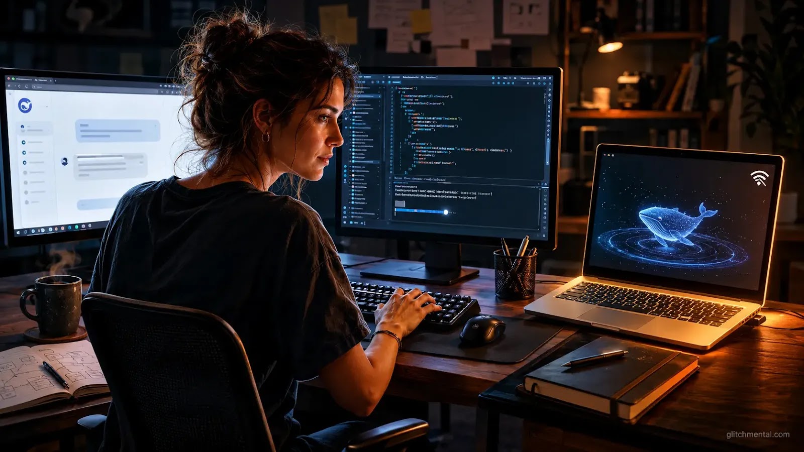 DeepSeek guía práctica: mujer ante terminal activa con tres capas de acceso al modelo en espacio técnico personal con luz de pantalla