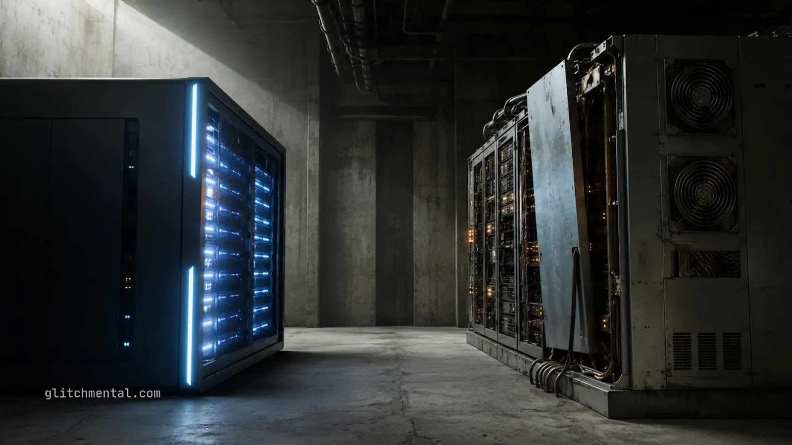 DeepSeek V4: gabinete de servidores iluminado frente a racks de centro de datos