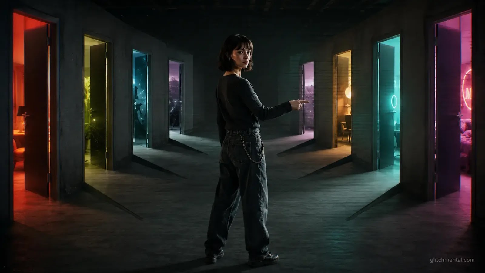Fragmentación digital: figura femenina en bifurcación de corredores cerrados con luces diferenciadas, iluminación lateral cian