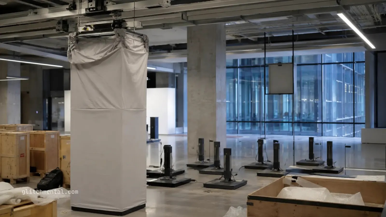 Dell revive la marca XPS: estructura cubierta en sala de exhibición durante montaje tecnológico.