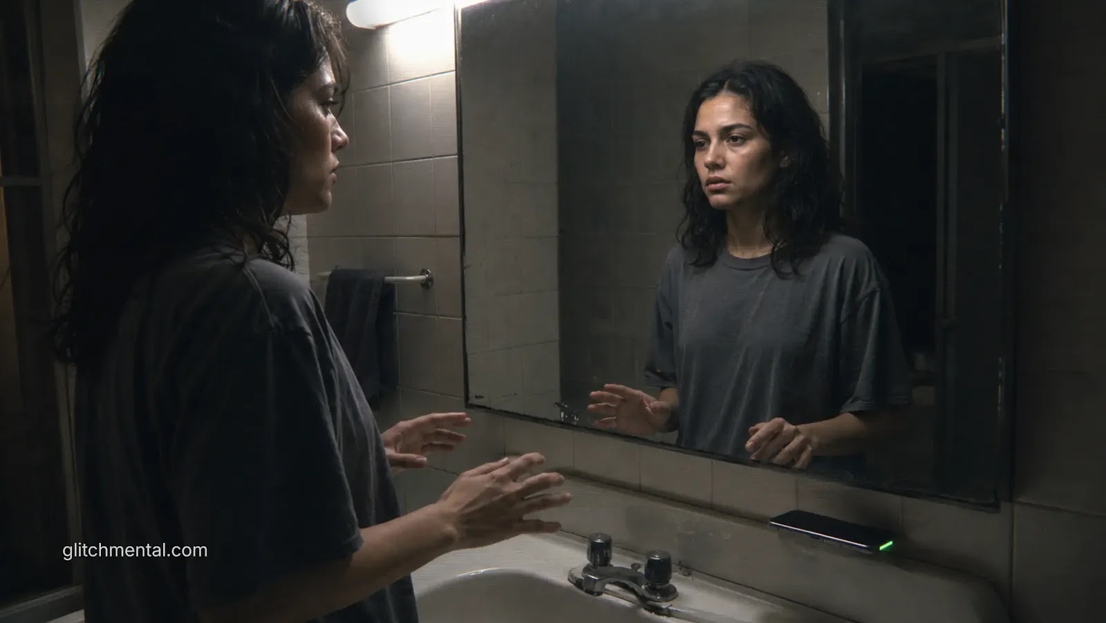 detox digital: mujer frente al espejo con smartphone apoyado en el lavabo