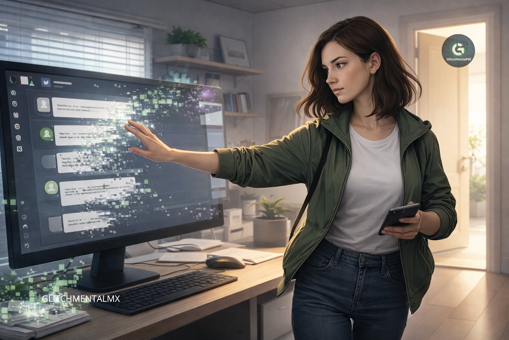 Redes sociales 2026: mujer interactuando con mensajes digitales fragmentados en pantalla