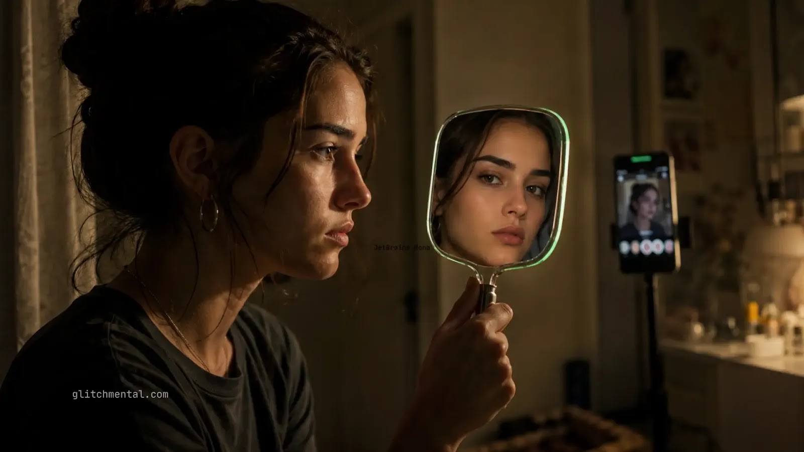 Dismorfia digital: mujer frente a espejo con reflejo idealizado y smartphone grabando contenido