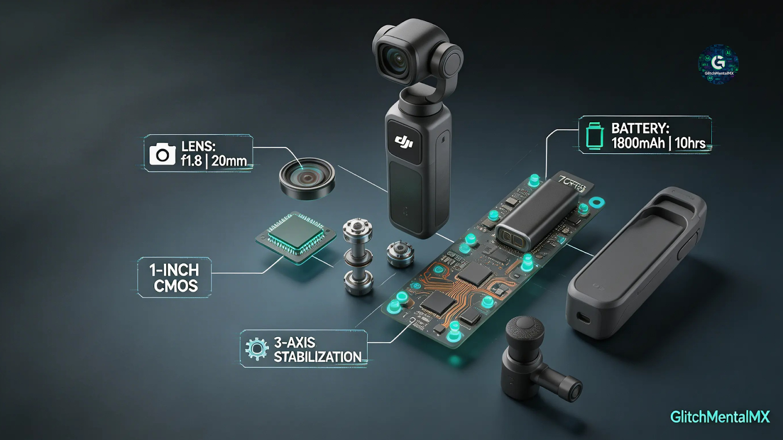 Gadgets 2026: Componentes internos de DJI Pocket con sensor CMOS de 1 pulgada y estabilización de 3 ejes.