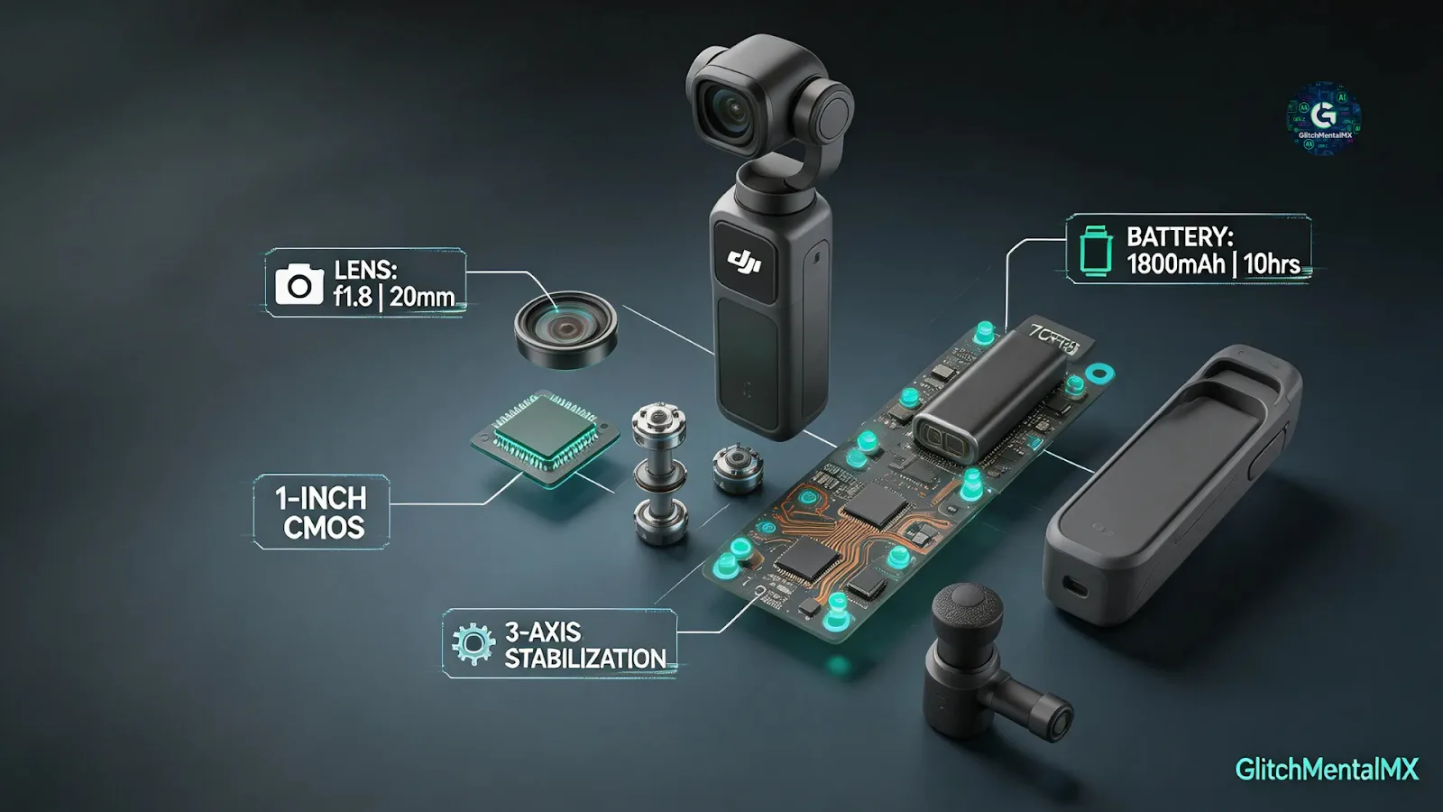 Gadgets 2026: Componentes internos de DJI Pocket con sensor CMOS de 1 pulgada y estabilización de 3 ejes.