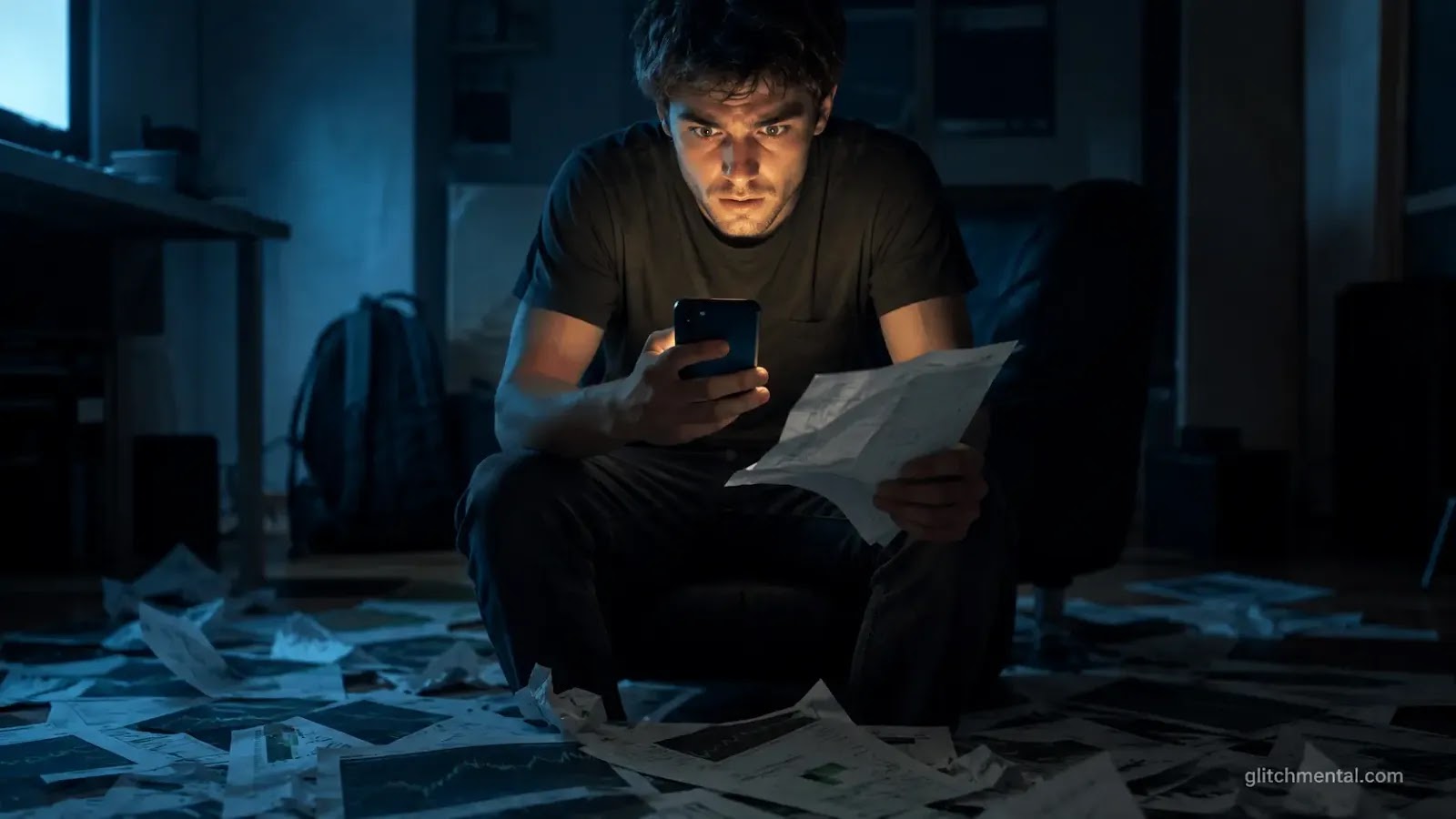 $DOGS criptomoneda tendencia: hombre joven con teléfono rodeado de papeles en el suelo, luz lateral fría en habitación oscura