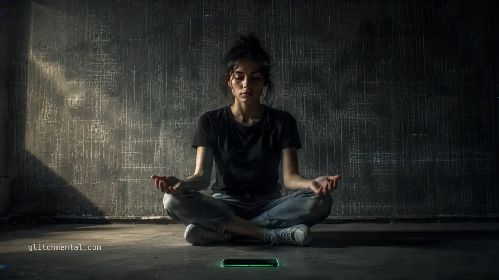 Dopamina detox: joven meditando frente a un smartphone iluminado en el suelo