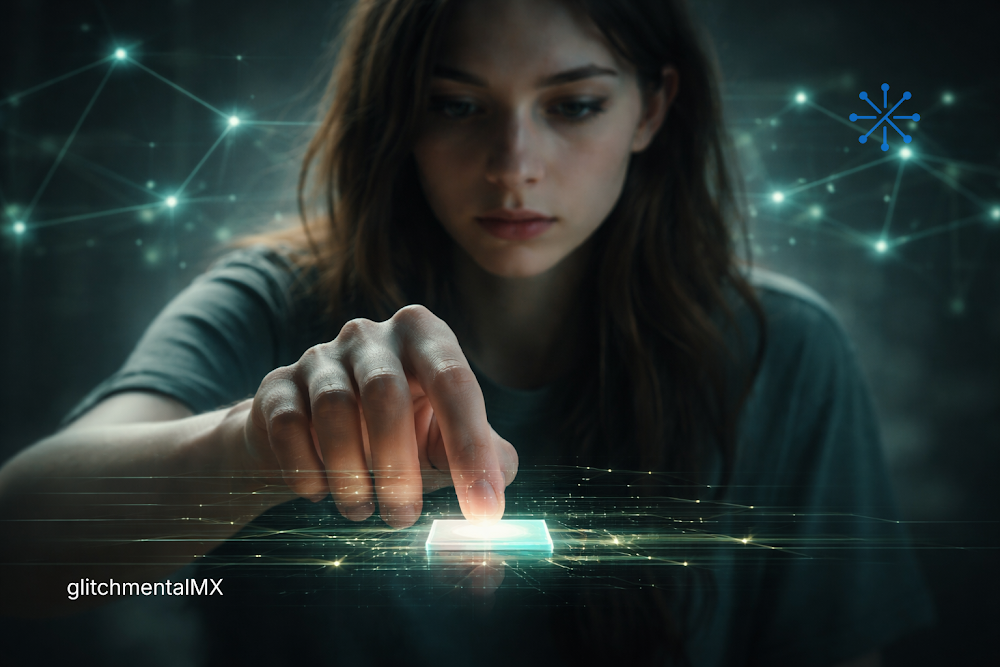 Dopamina y diseño: dedo presionando interfaz digital conectada a red neuronal simulada