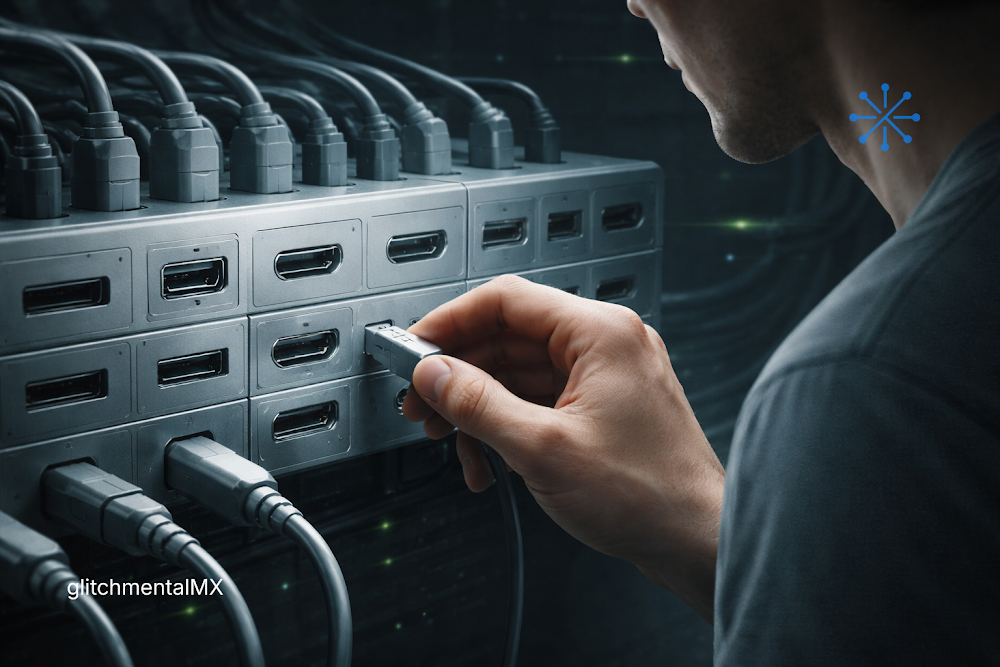 Ecosistemas cerrados: mano conecta cable en hub con múltiples puertos en sistema interconectado