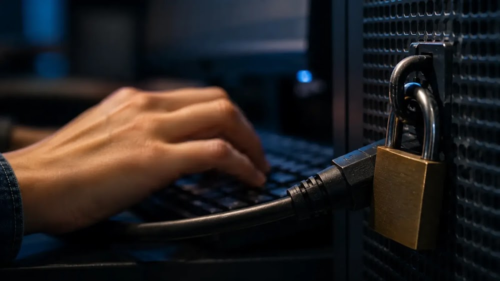 IA en LATAM: mano en teclado junto a candado en panel de cable sellado.