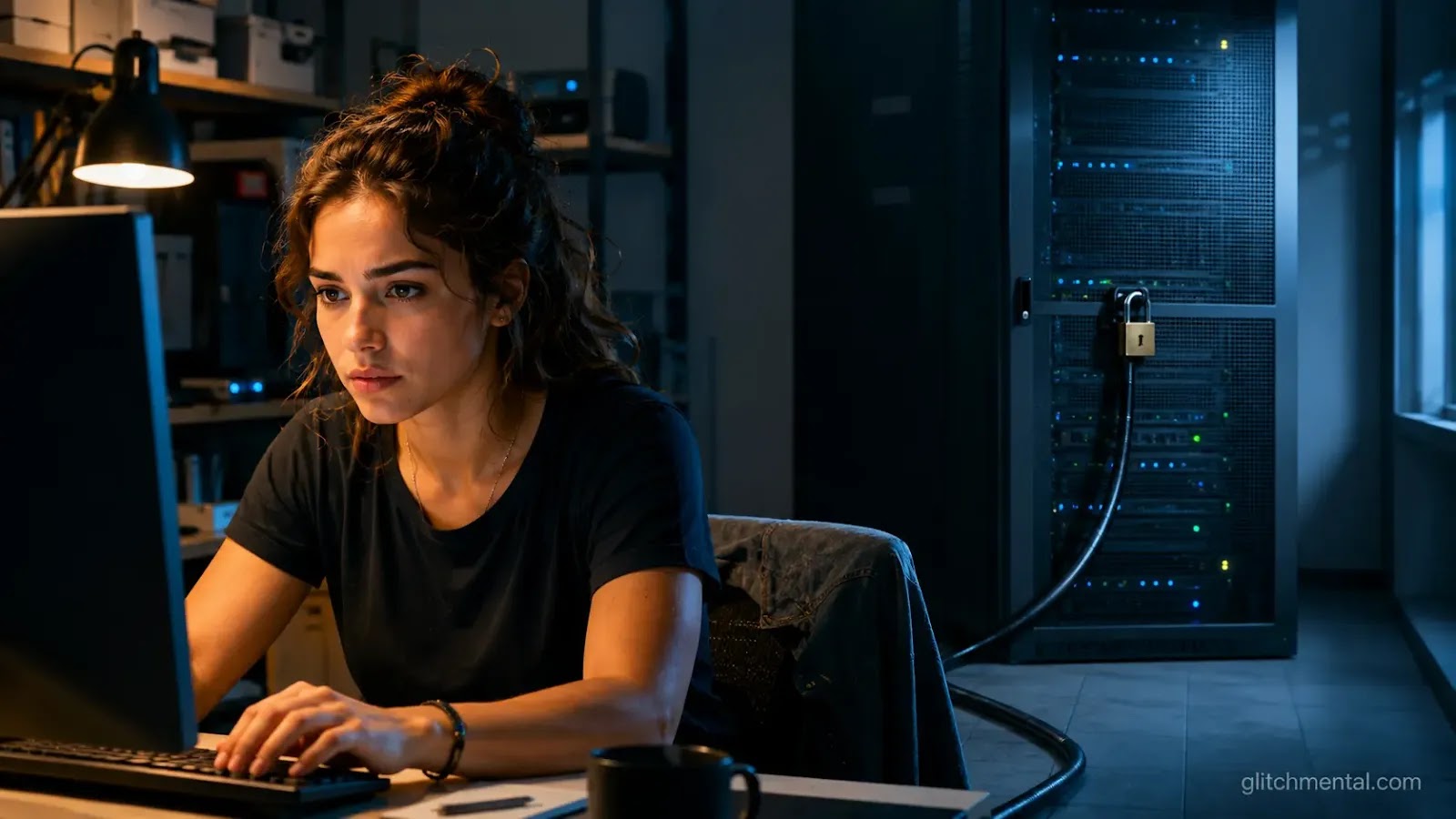 IA en LATAM: mujer en workstation con cable hacia rack sellado con candado.