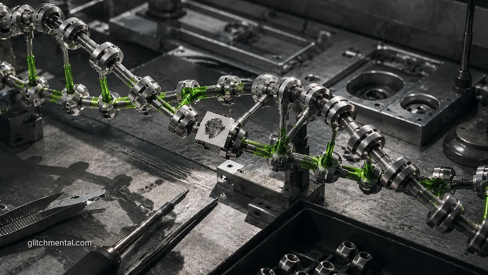 El ADN como código: modelo de doble hélice de ADN mecánica ensamblada sobre banco de trabajo industrial