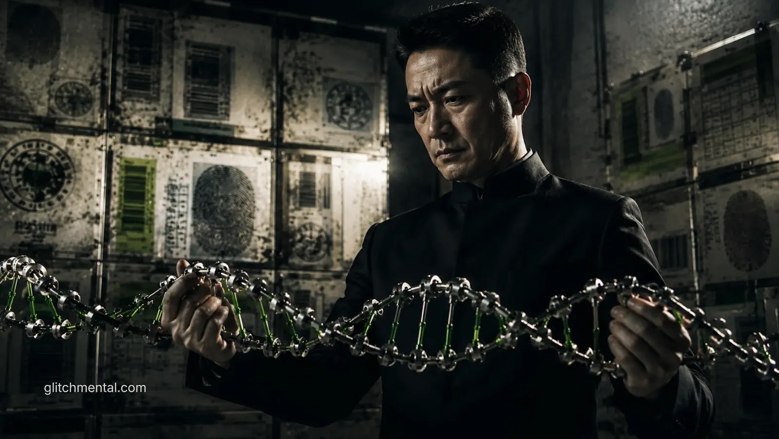 El ADN como código: hombre inspeccionando un modelo de doble hélice de ADN mecánica frente a archivos biométricos