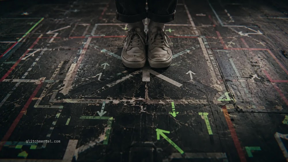 El algoritmo no te hace protagonista: zapatos sobre flechas de dirección en superficie tipo diagrama