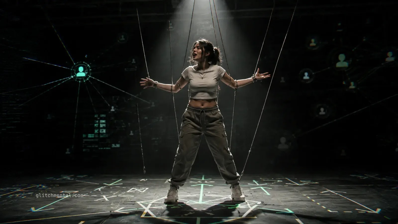 El algoritmo no te hace protagonista: persona con cuerdas manipulada sobre red de conexiones digitales
