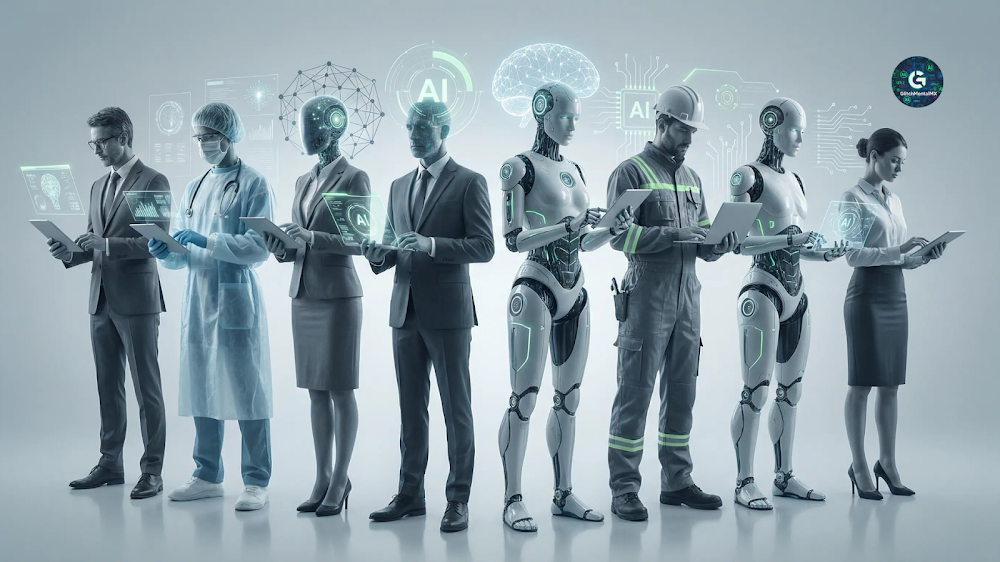 Dario Amodei IA 2026: profesionales y robots humanoides trabajando lado a lado con interfaces de inteligencia artificial