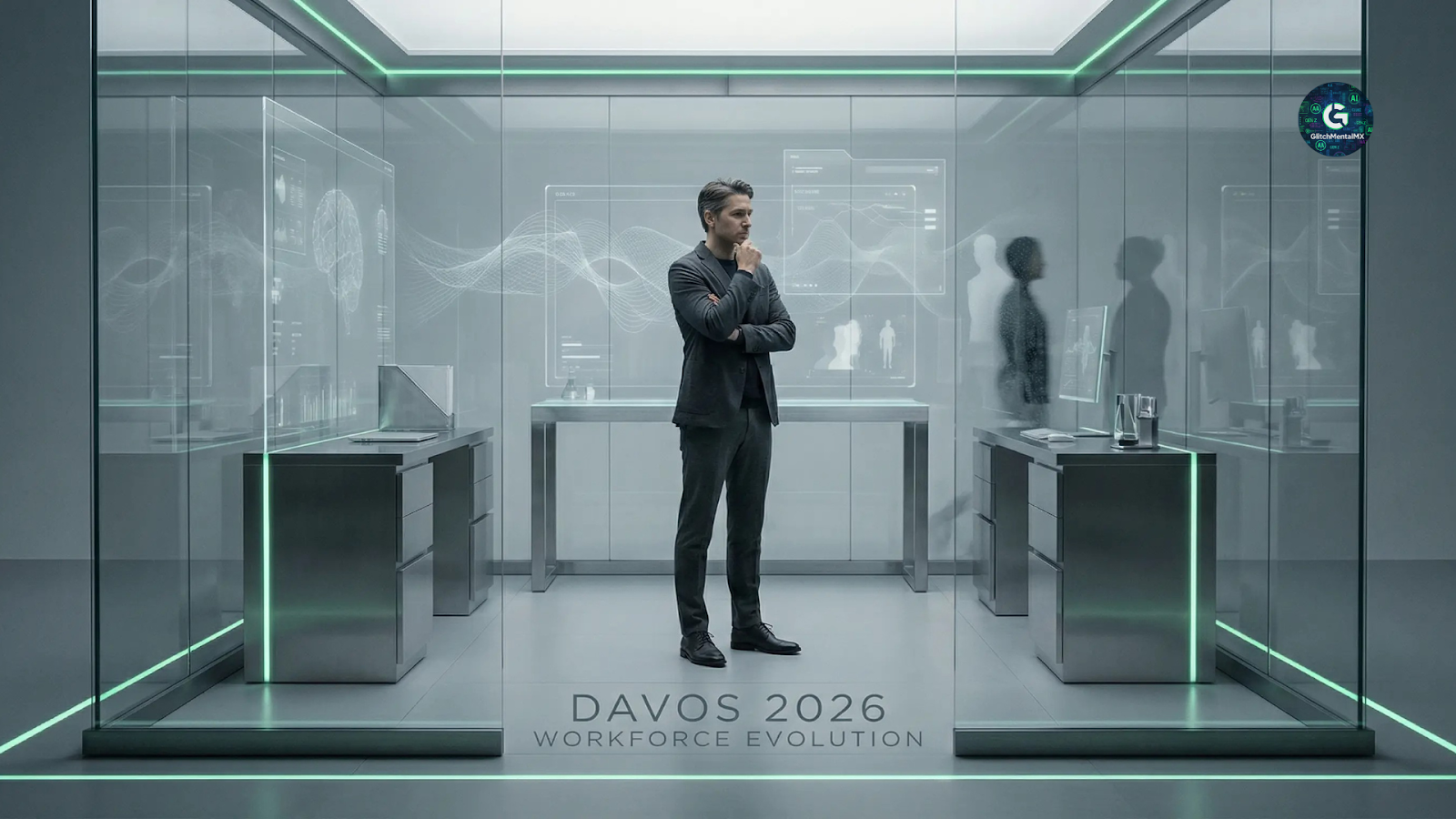Davos 2026 IA empleos: ejecutivo reflexionando sobre automatización laboral en oficina futurista con hologramas digitales