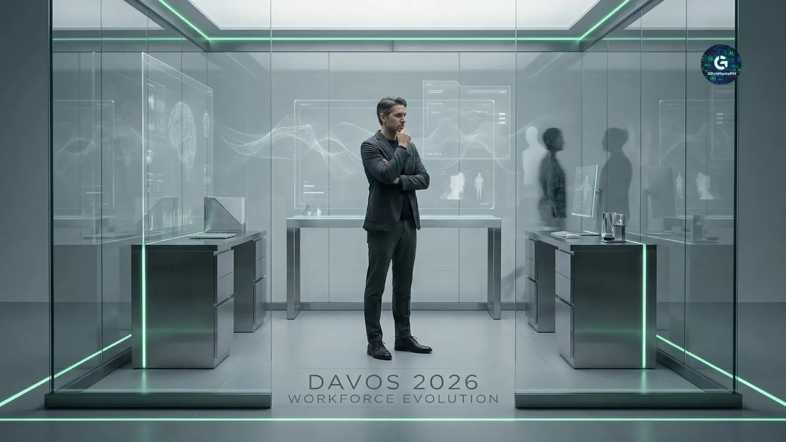 Davos 2026 IA empleos: ejecutivo reflexionando sobre automatización laboral en oficina futurista con hologramas digitales