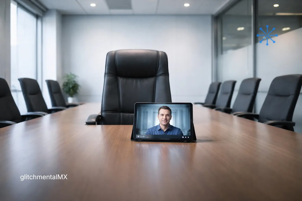 El CEO digital: tablet con videollamada ocupando silla principal en sala de juntas vacía