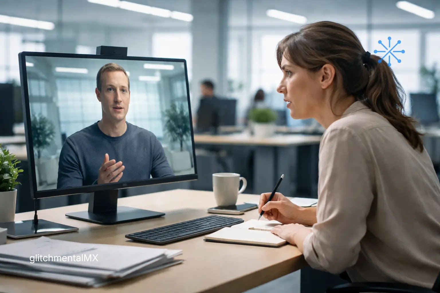 El CEO digital: mujer tomando notas frente a videollamada con ejecutivo en pantalla en oficina